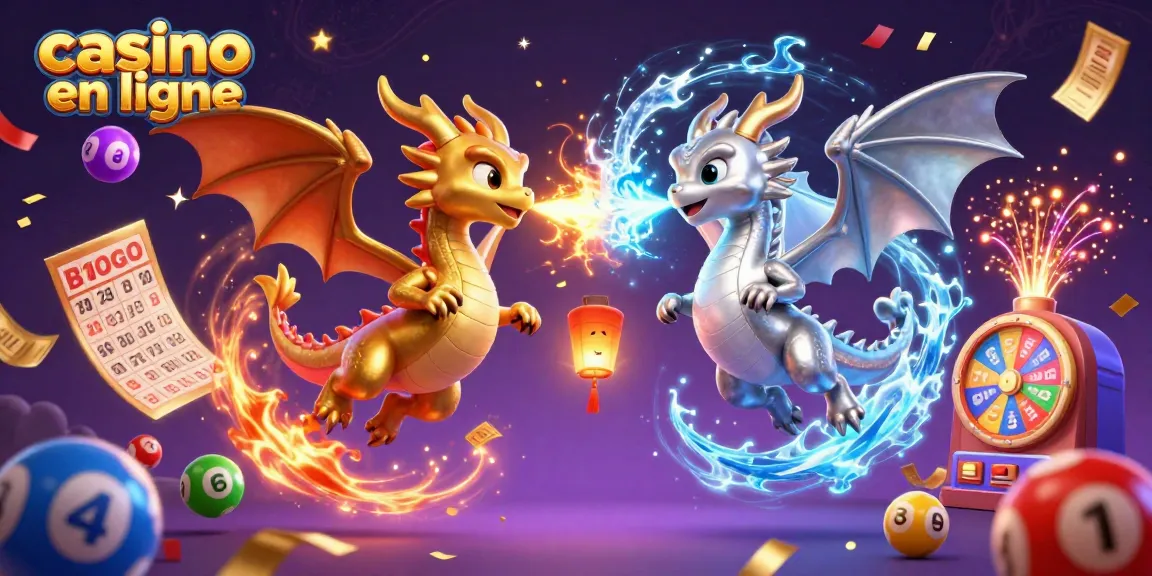 Jouez sur un casino en ligne avec des dragons qui se battent dans une scène dynamique et festive.
