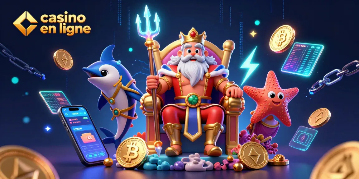 Casino en ligne illustrant Neptune entouré de symboles de crypto-monnaies et d'éléments de jeu animés.