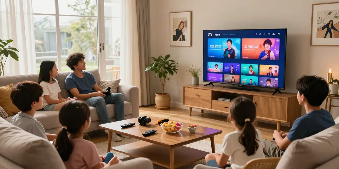 Regardez la TV avec un abonnement IPTV dans un salon moderne, rassemblant famille et amis autour d'un écran lumineux.