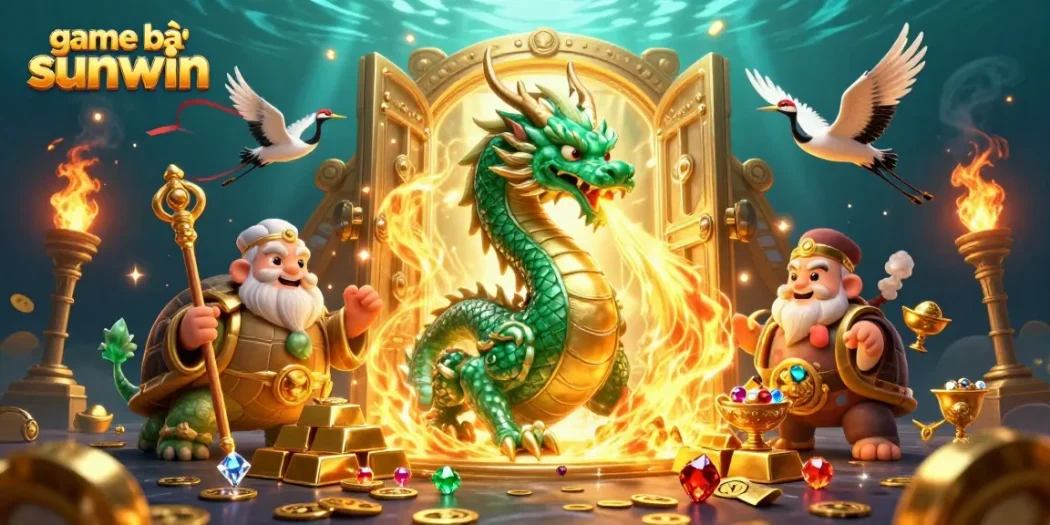 Experience excitement with game bài sunwin featuring a jade dragon and golden treasures in a vibrant casino scene.