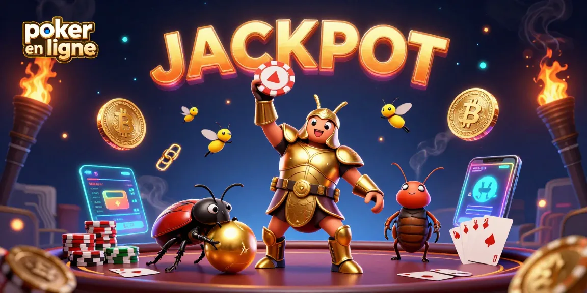 Jouez au poker en ligne dans une scène animée avec un scarabée triomphant, des éléments de poker, et un fond captivant.