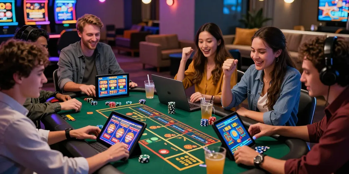 Expérience festive dans un casino en ligne, groupe d'amis jouant au casino en ligne avec des tablettes et des ordinateurs portables, ambiance animée et amusante.
