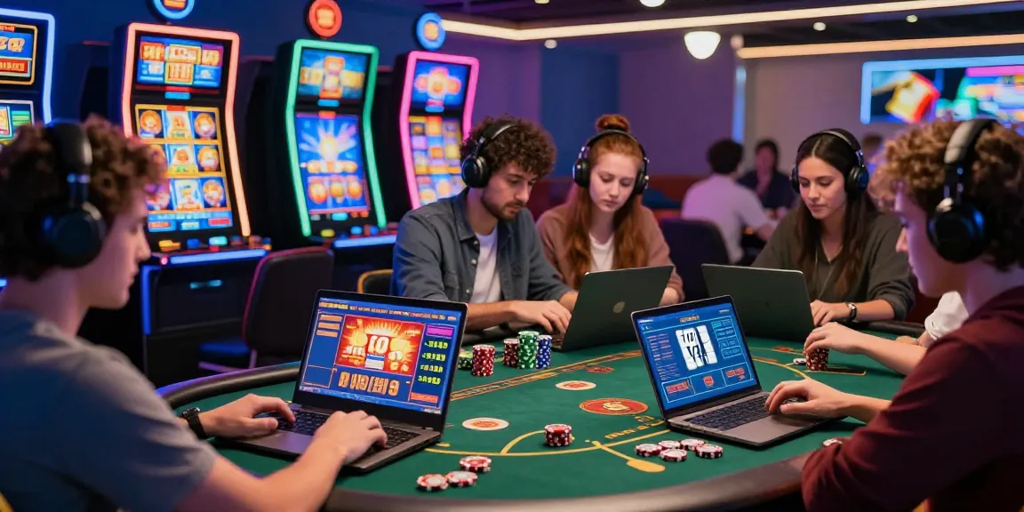 Joueurs s'amusant sur un casino en ligne, ambiance dynamique et moderne.