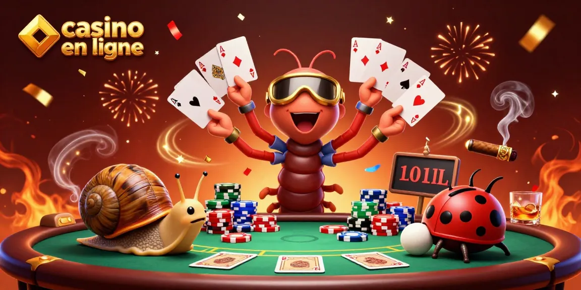 Jouez à des jeux passionnants sur un casino en ligne avec des cartes de poker, des jetons, et des personnages amusants.