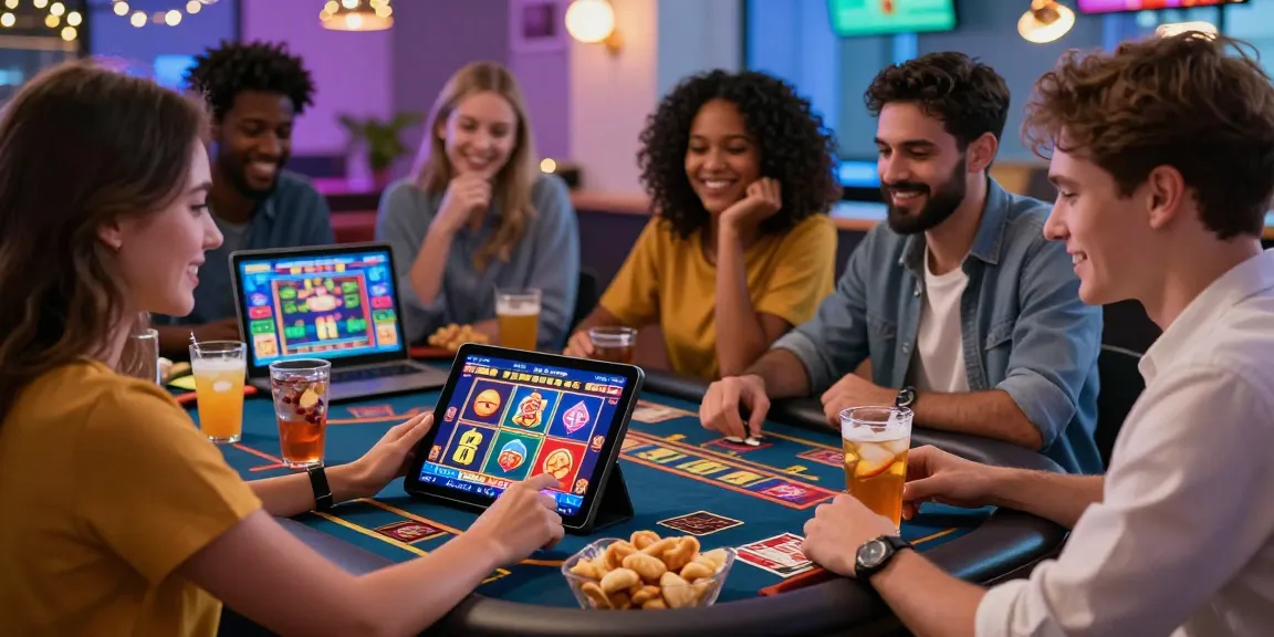 Scène de casino en ligne avec des amis jouant à des jeux sur une tablette et une ambiance festive.