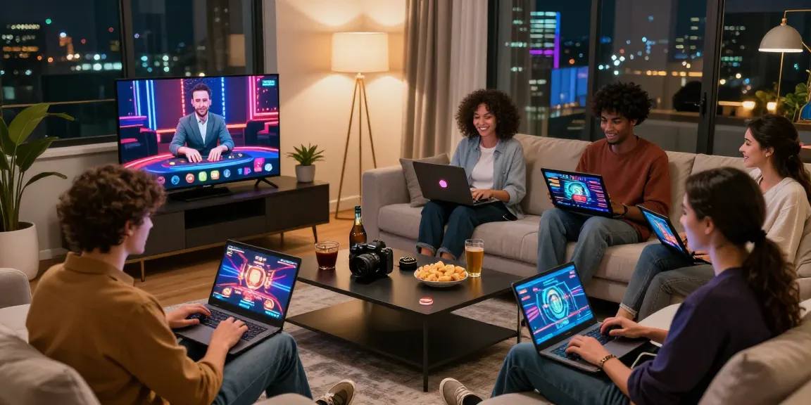 Scène de casino fiable en ligne avec amis jouant aux jeux sur des ordinateurs portables et tablettes, ambiance relaxante.