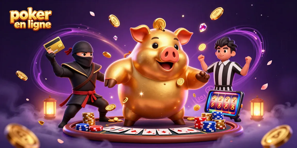 Jouer au poker en ligne avec une scène dynamique de personnages de casino illustrés et des éléments captivants.