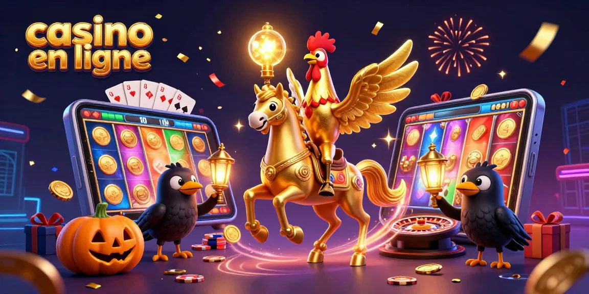 Jouez au casino en ligne avec une scène festive de jeux de hasard remplie de couleurs et de détails captivants.