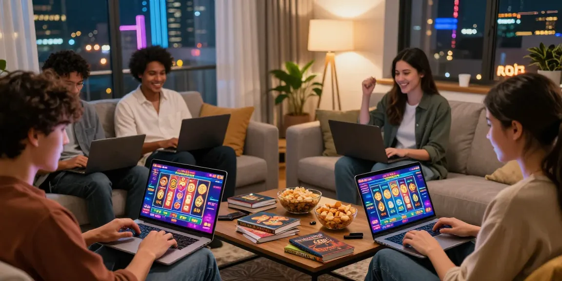 Joueurs profitant d'un casino en ligne depuis le confort de leur maison, célébrant des gains avec des jeux interactifs et une ambiance conviviale.