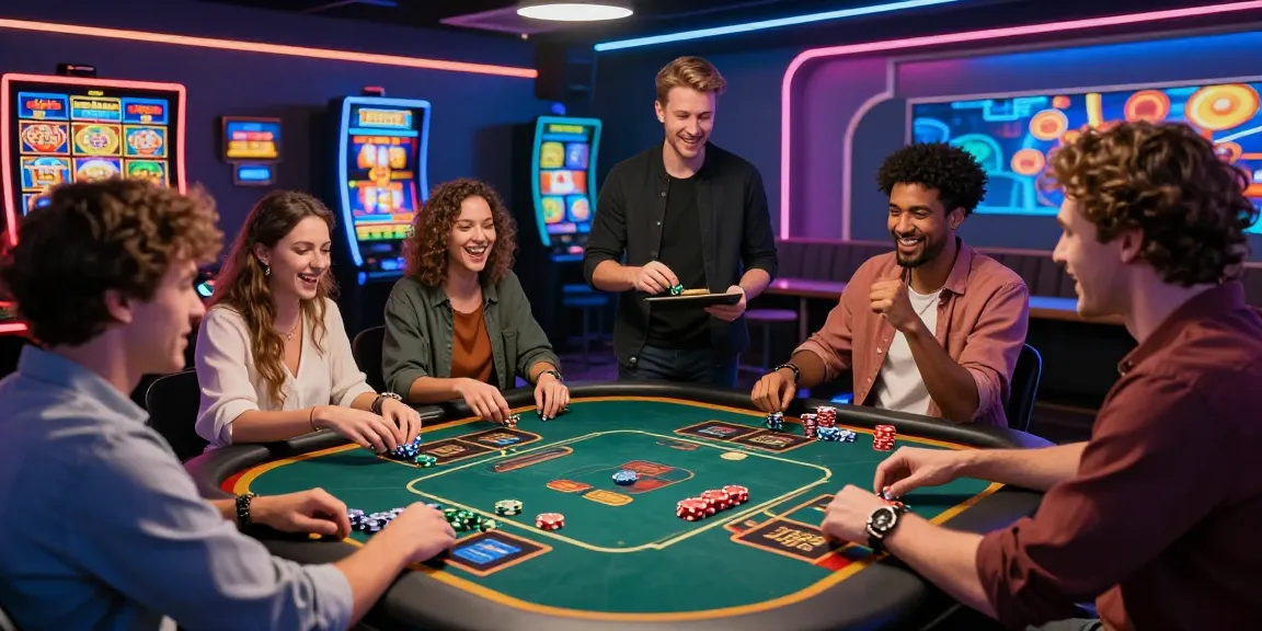 Joueurs enthousiastes au casino en ligne avec des machines à sous et des jeux de table, ambiance dynamique et moderne.