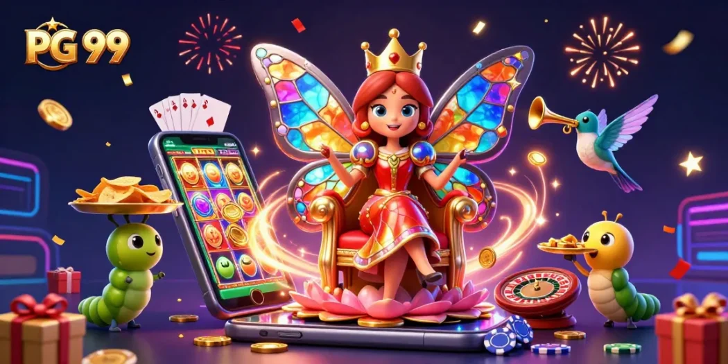 Engage in thrilling gaming action with PG 99, featuring vibrant 3D characters and casino elements.