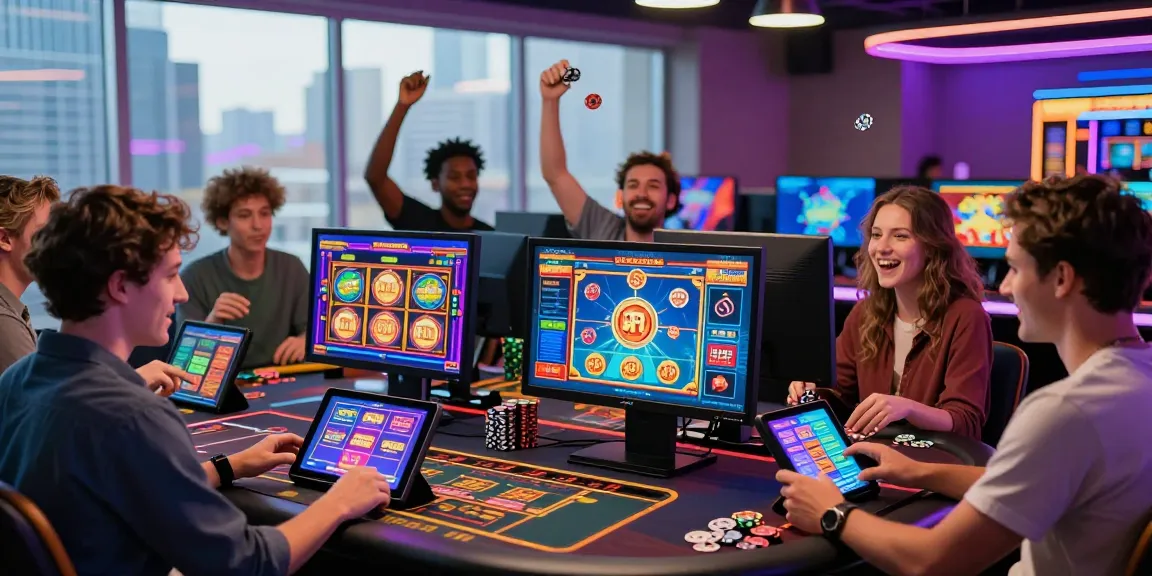 Des joueurs profitant d'un casino en ligne, célébrant des gains sur des jeux variés avec ambiance lumineuse et festive.