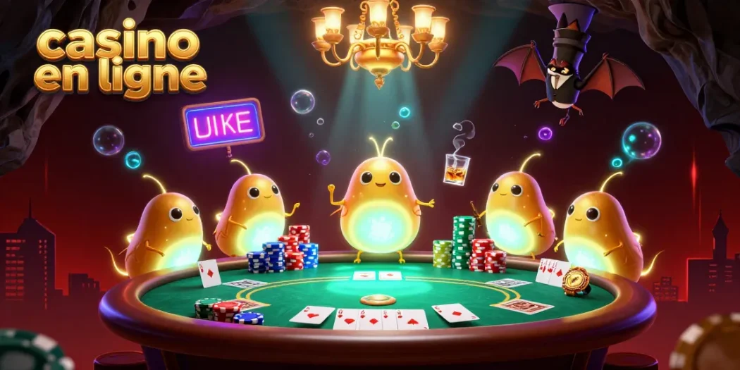 Casino en ligne : équipe de lucioles illuminant un casino dans une caverne avec des jeux de cartes