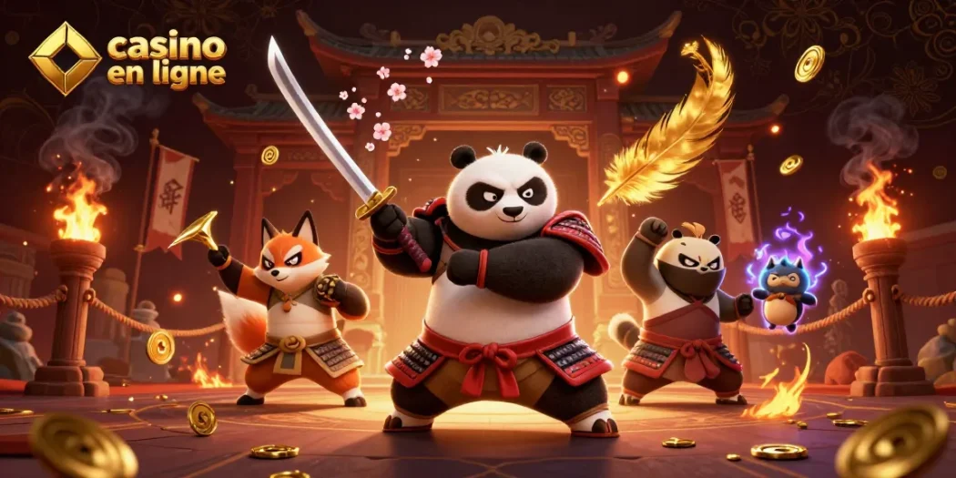Attraper des gains au casino en ligne avec un samouraï panda, un renard ninja et un tanuki flottant parmi des pièces d'or.