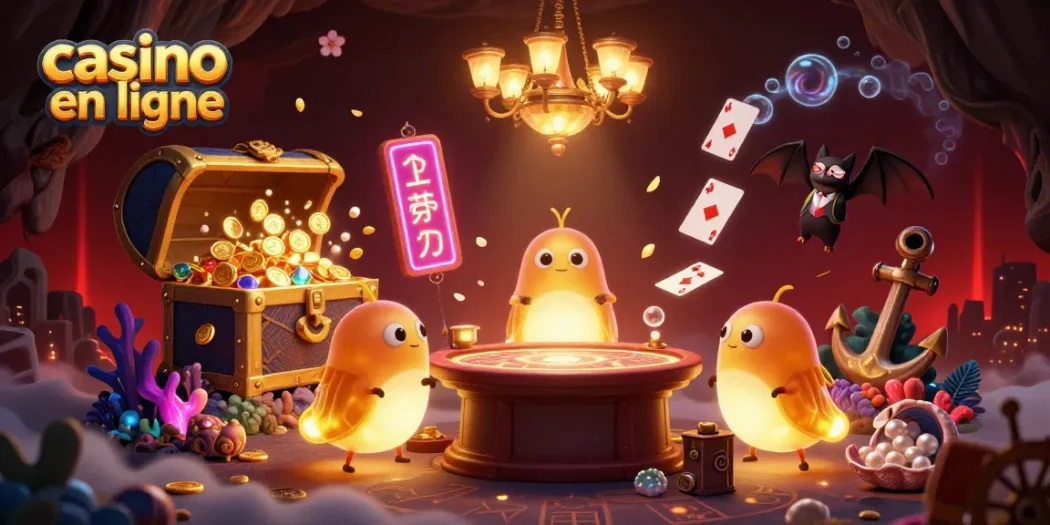 Découvrez le casino en ligne avec un groupe de vers luisants illuminant une table de jeu sous-marine