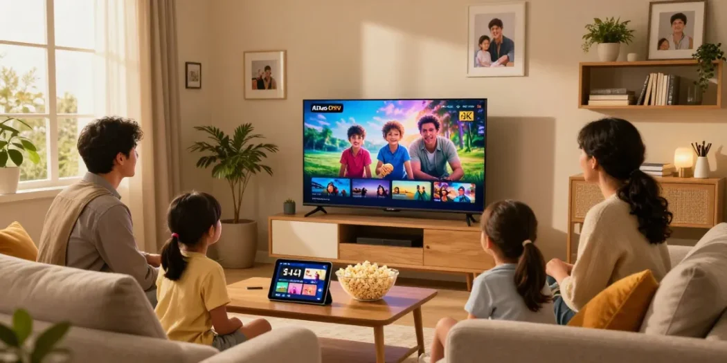 Famille profitant du service Atlas pro ontv en streaming sur un Smart TV 4K dans un salon chaleureux.