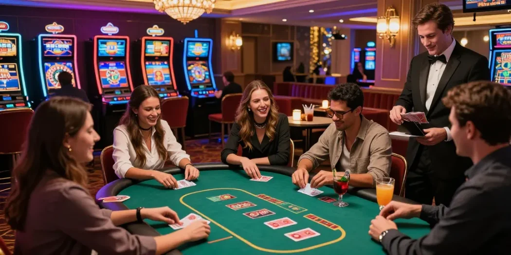 Ambiance dynamique d'un casino en ligne avec des joueurs heureux et des jeux captivants