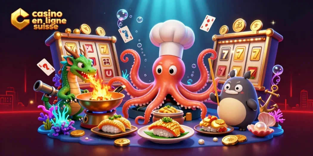 Plongez dans l'univers du casino en ligne suisse avec des personnages animés autour de jeux captivants.