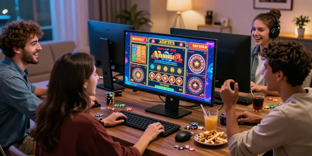 Scène de jeu de casino en ligne avec des amis profitant des jeux de casino sur ordinateur, ambiance festive.