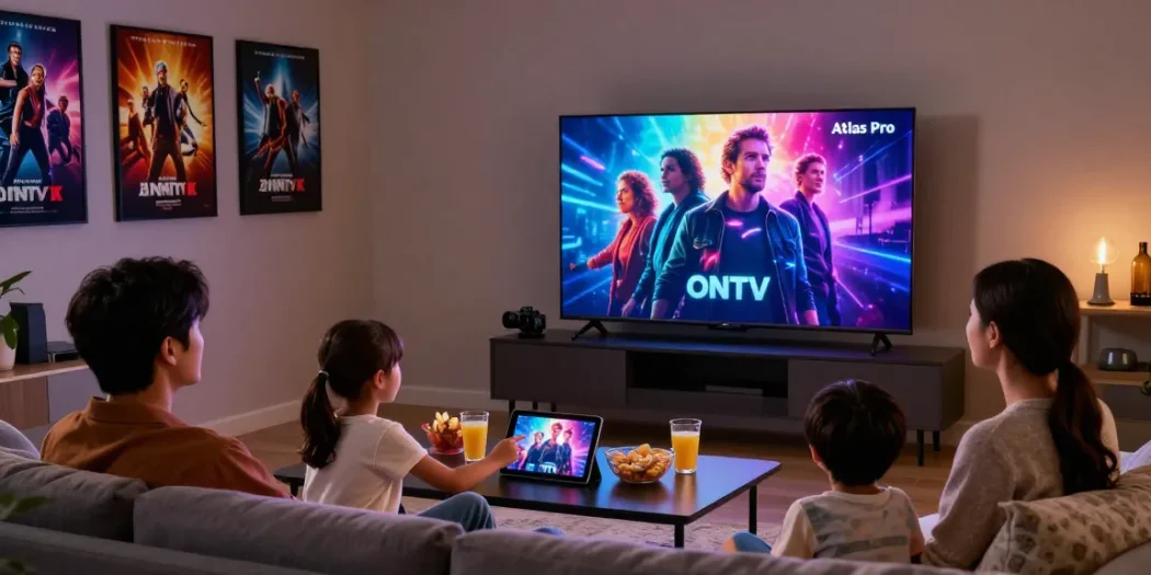Profitez de l'application atlas pro ontv en famille dans un salon moderne, regardant des films sur smart TV.
