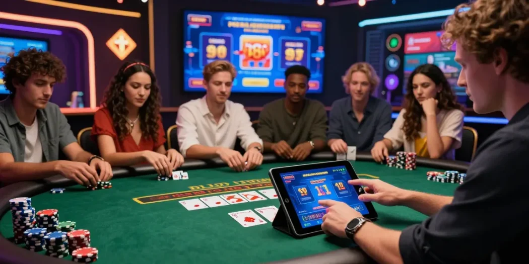 Casino en ligne : joueurs dynamiques s'amusant à des jeux variés sur interface virtuelle avec bonus attractifs.