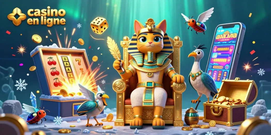 Le jeu au casino en ligne avec un pharaon égyptien et des symboles colorés autour.