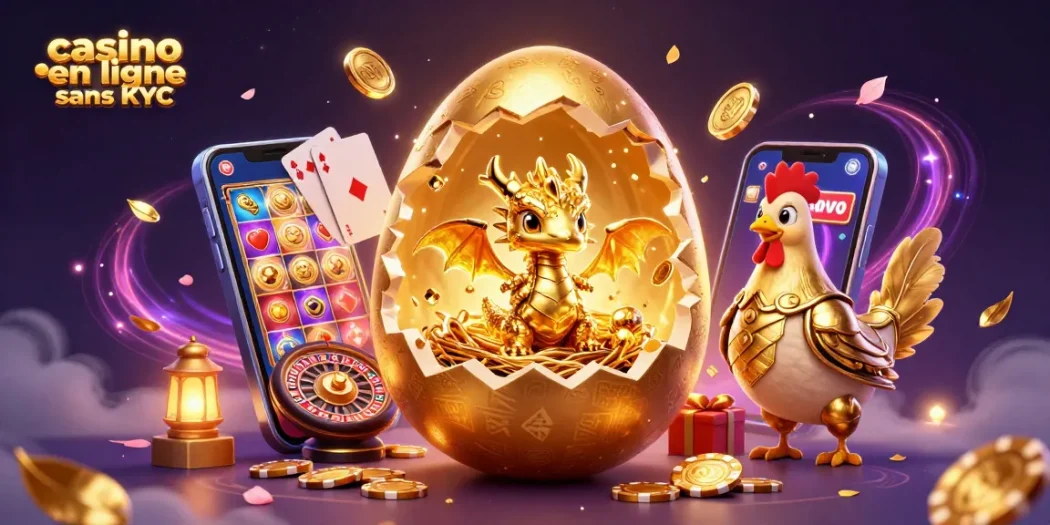 Une illustration représentant le casino en ligne sans KYC avec un œuf d'or craqué révélant un dragon doré sur des jetons de poker.