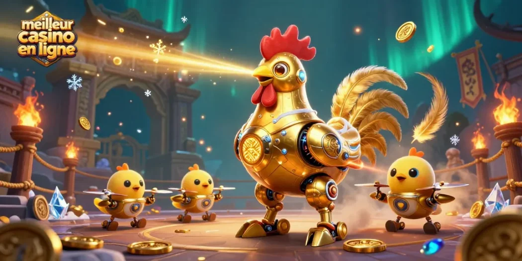 Découvrez le meilleur casino en ligne avec un robot coq à l'or et des drones, entourés de jetons et de pièces d'or.