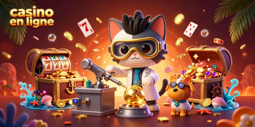 Illustration dynamique d'un casino en ligne, mettant en scène un chat scientifique avec un chien assistant, entourés de pièces d'or et de rouleaux de machine à sous.