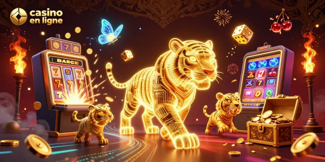 Vibrez avec le casino en ligne où un tigre d'or néon illumine un paysage de jeux captivants.