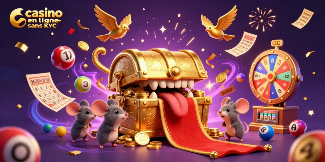 Jouer au casino en ligne sans KYC avec un coffre à trésor captivant et des éléments de loterie colorés.
