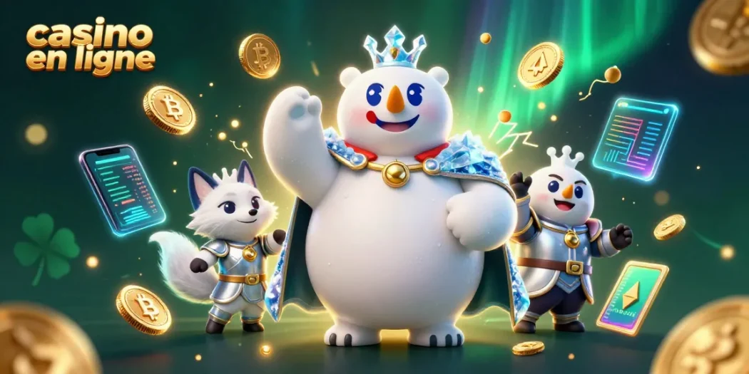 Les joueurs explorent le casino en ligne avec l'ours polaire royal et le renard en armure, entourés de crypto-monnaies.
