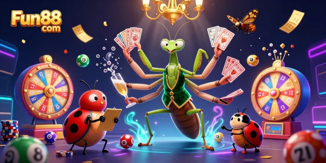 Experience the thrill of Fun88 com lottery with colorful elements and dynamic casino characters.