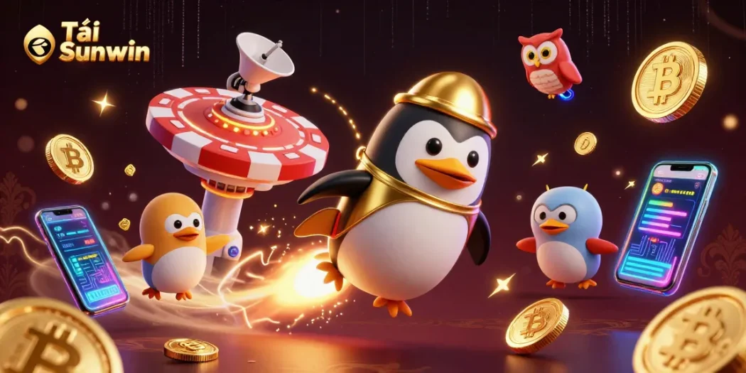 Tải Sunwin and enjoy thrilling adventures with the golden penguin in a vibrant casino space.