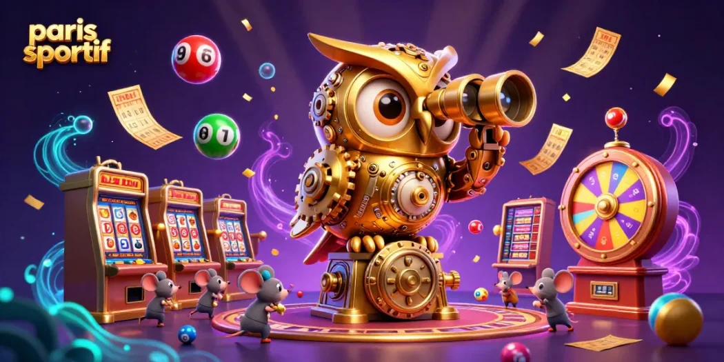 Des paris sportifs captivants avec un hibou doré animé et des éléments de casino lumineux.