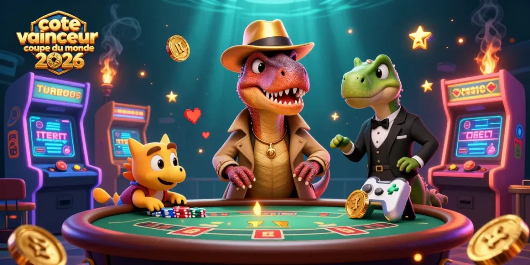 Pariez sur la cote vainqueur coupe du monde 2026 avec une scène de casino animée remplie de divertissement.