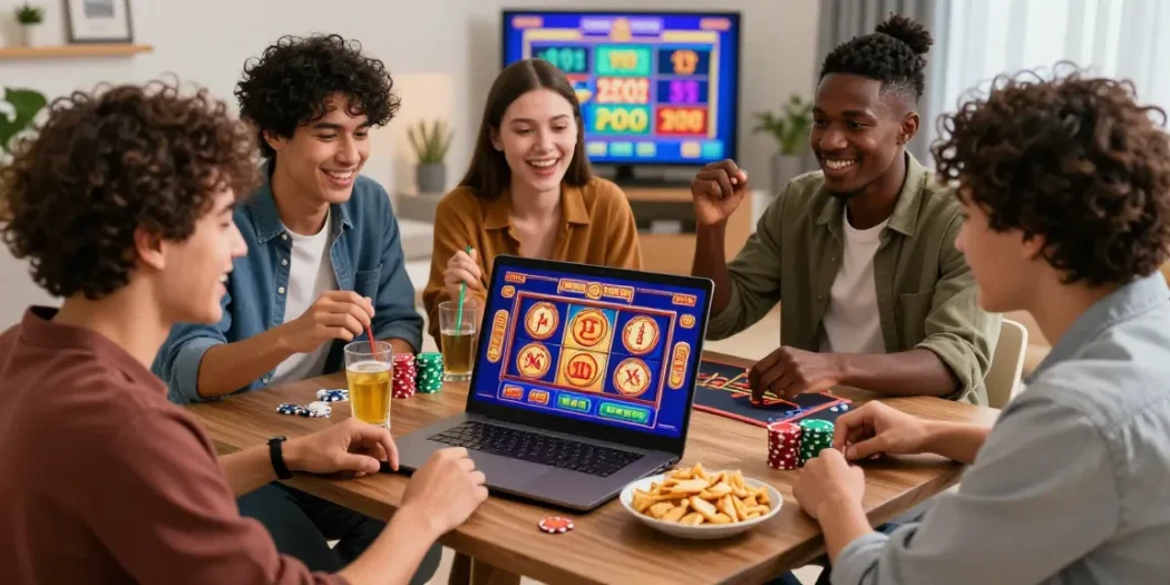 Casino en ligne : amis jouant ensemble autour d'un ordinateur, ambiance festive, jeux en ligne captivants.