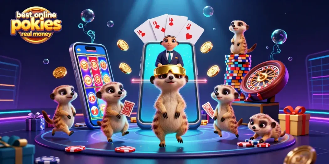 Experience the best online pokies real money in an exhilarating 3D casino scene with meerkats.