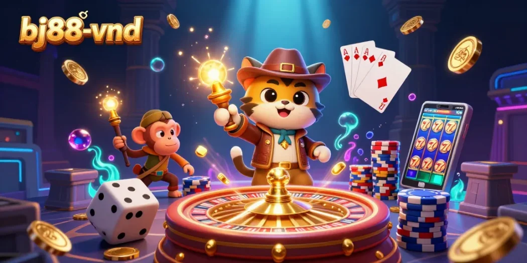 Engage in thrilling gaming adventures at bj88-vnd, featuring vibrant characters amidst dazzling casino elements.
