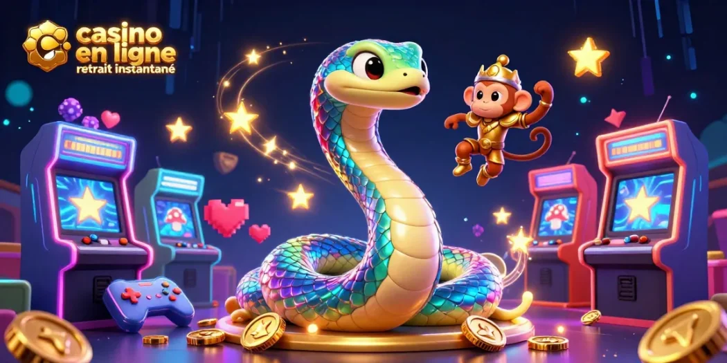Jouez sur casino en ligne retrait instantané avec une scène dynamique d'un serpent arc-en-ciel et un roi singe en armure
