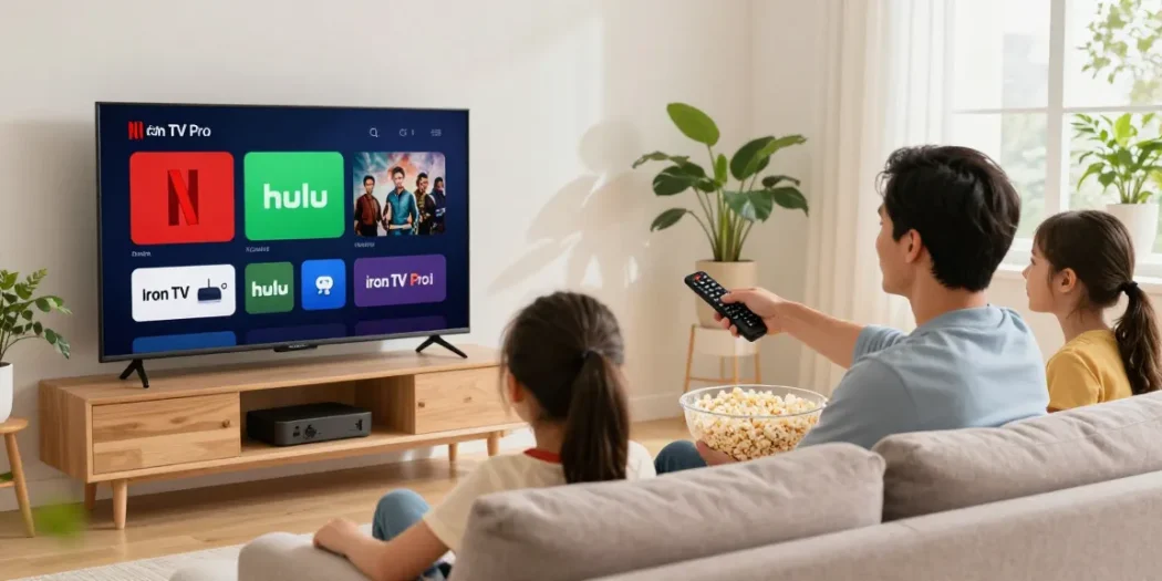 Une famille profitant d'un moment de film avec Iron TV Pro dans un salon moderne.