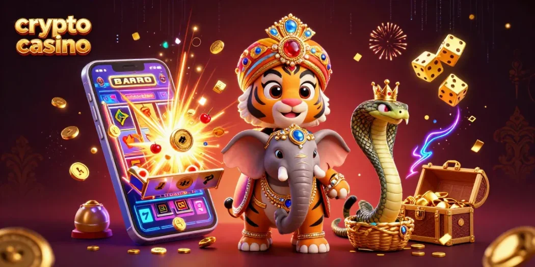 Jouez au crypto casino avec un tigre maharaja, un éléphant orné et des éléments dynamiques de jeux de casino.
