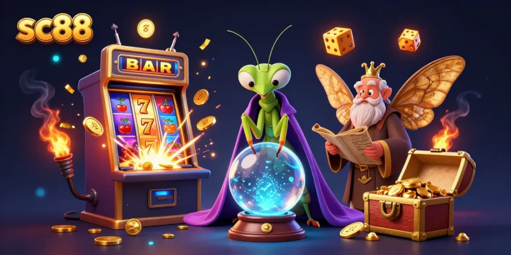 Experience the magic of sc88 with a vibrant casino scene featuring a fortune-teller and rich game elements.