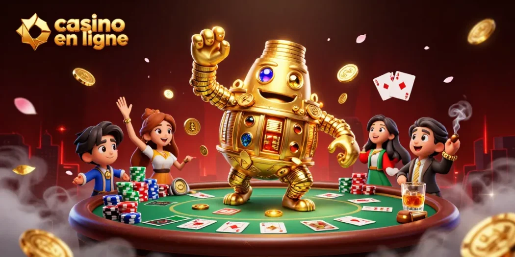 Gagnez gros au casino en ligne avec un golem doré entouré de jetons de poker et de symboles chanceux.