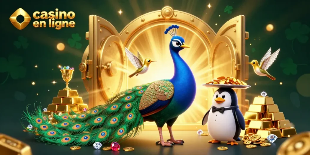 Casino en ligne animé par un paon aristocratique, un pingouin majordome et un colibri doré, entouré de trésors.