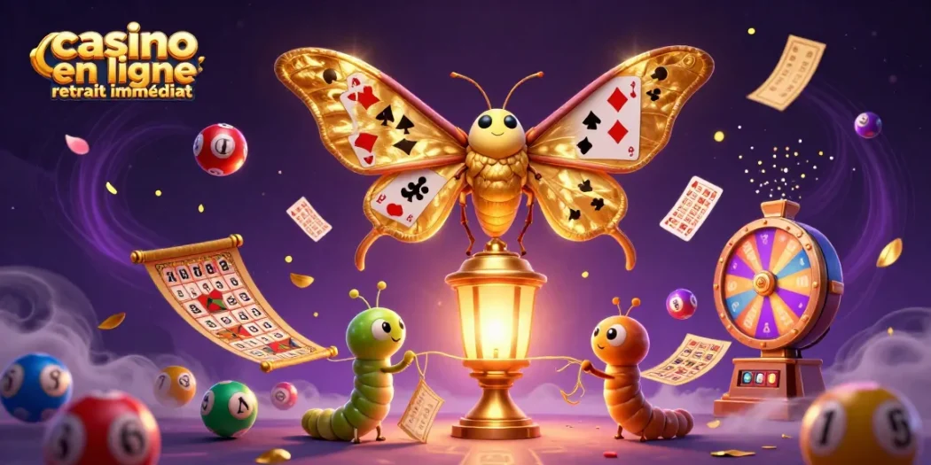 Jouer à casino en ligne retrait immédiat avec des boules de loterie colorées et un papillon majestueux.