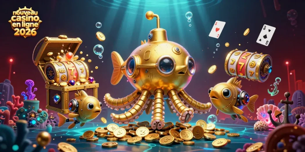 Illustration représentant un nouveau casino en ligne 2026 avec un kraken doré et des éléments de jeu captivants.