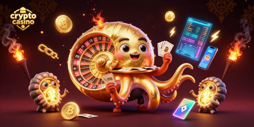 Plongez dans un casino crypto avec des nautilus géants et des pièces lumineuses d'Ethereum et Bitcoin.