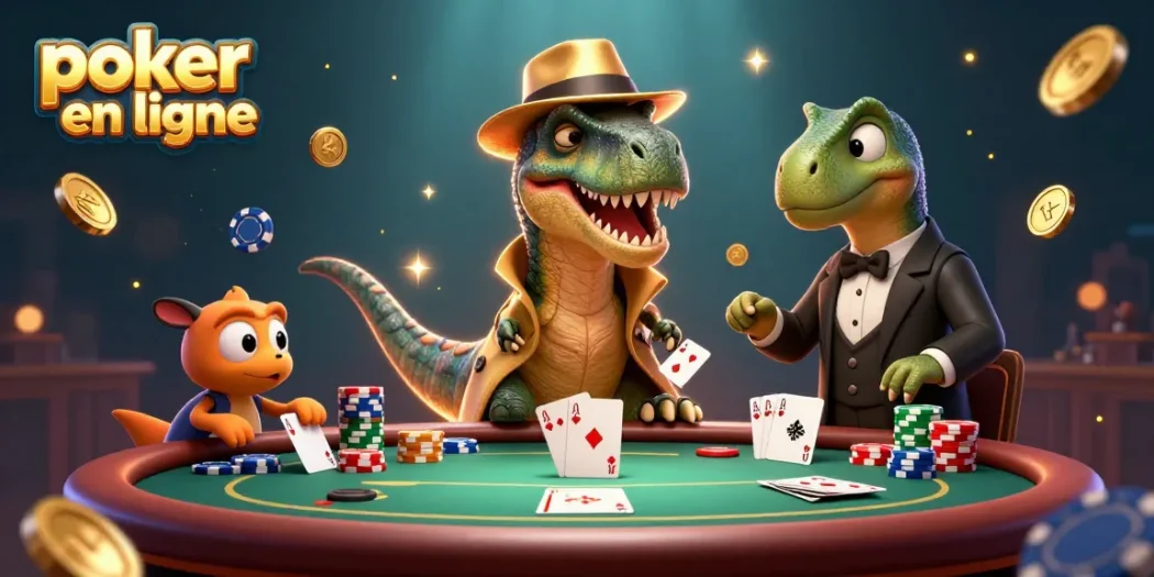 Jouez au poker en ligne avec une illustration captivante de dinosaures, évoquant une expérience immersive et riche en émotions.
