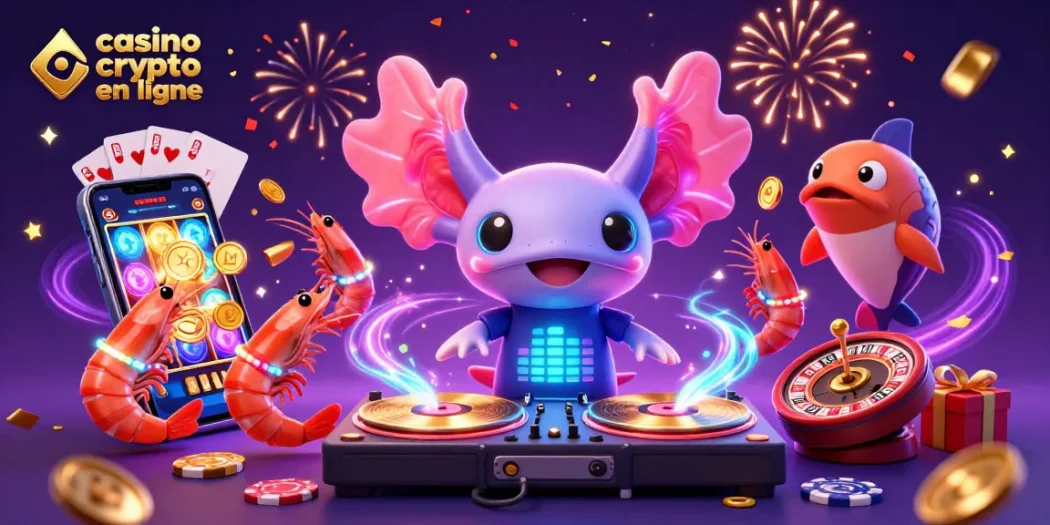Actionner le jeu sur un casino crypto en ligne avec un DJ axolotl dans un décor festif et coloré.